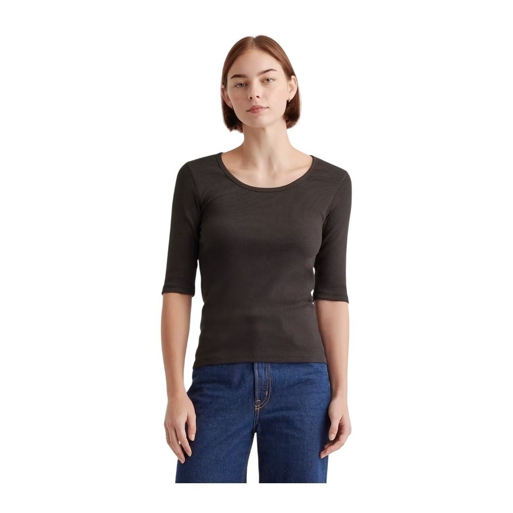 Quince Organic Cotton Smooth Knit Elbow Sleeve Tee Black S
